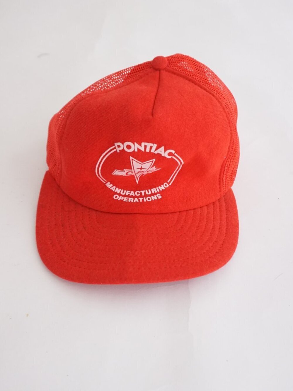Vintage Pontiac Red Mesh Manufacturing Operations Logo Snapback Trucker Hat